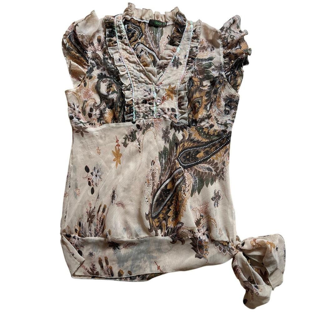 Y2K Ray Mesh Rustic Paisley Brown Tan Babydoll Women's Top Small